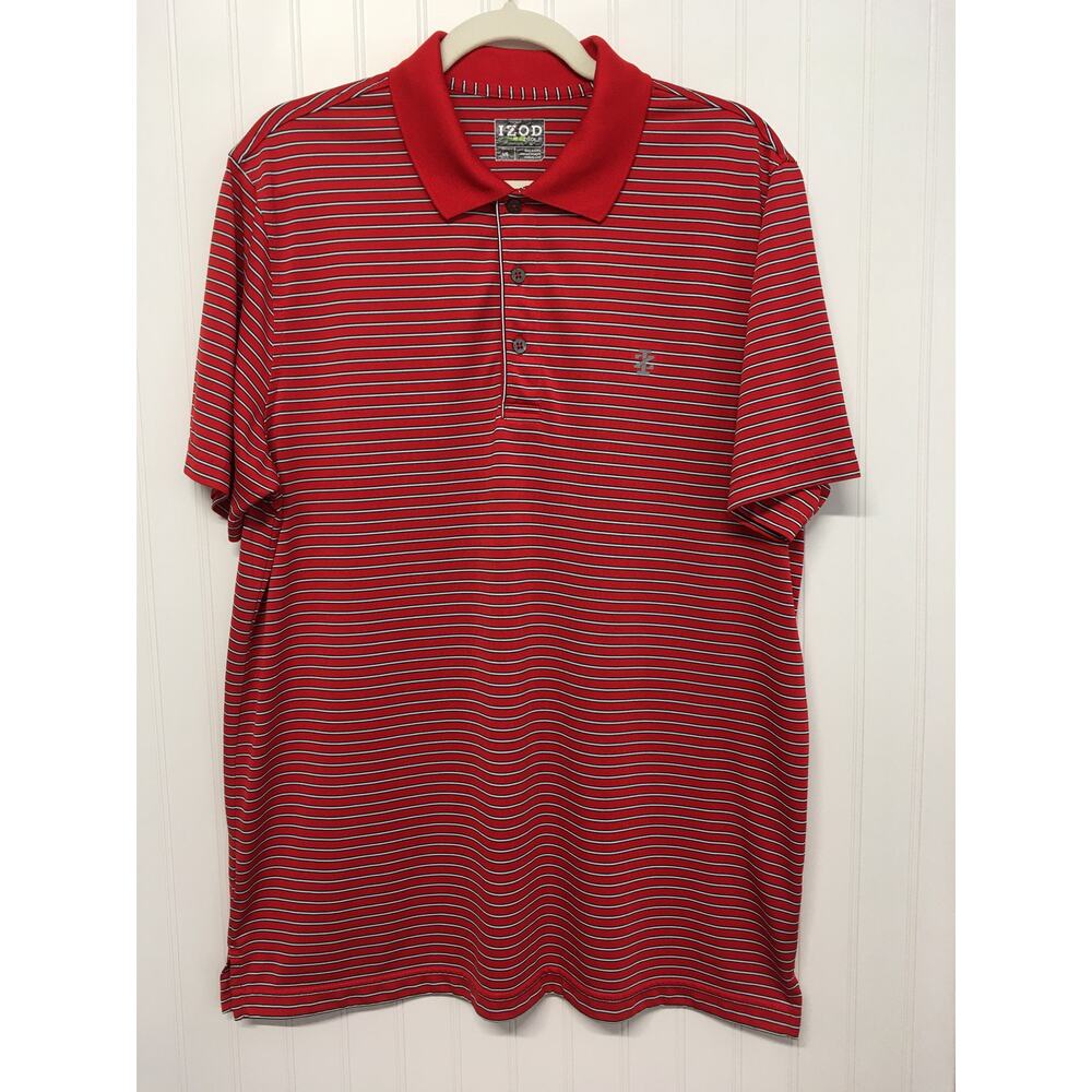 IZOD Mens Large Red Striped Polo Shirt Short Sleeve Golf Casual